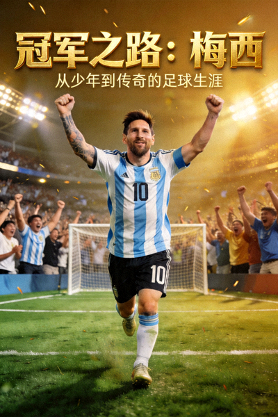 体育纪录片《冠军之路：梅西》海报，梅西在球场庆祝